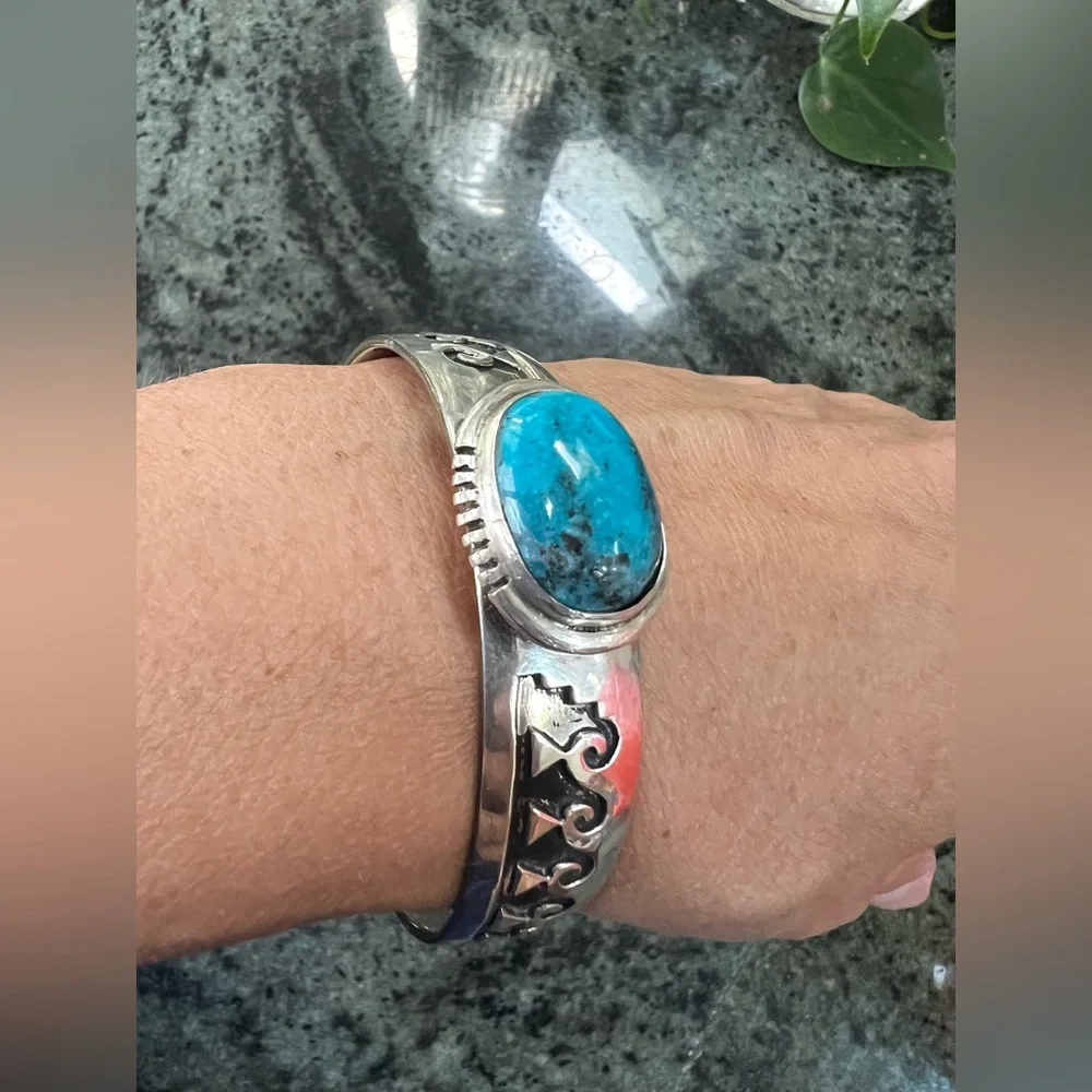 Sterling Silver & Turquoise Cabochon Overlay Cuff Bracelet - Picture 10 of 16